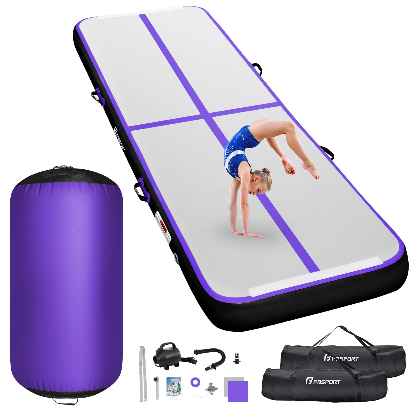 FBSPORT Airtrack Matte Aufblasbar Gymnastikmatte mit Air Roll, 10cm Hoch Verdicken 4M Tumbling Matte mit 100x60cm Air Rolle,Gymnastikmatte mit Luftpumpe, Fitnessrolle für Gymnastik Yoga und Training