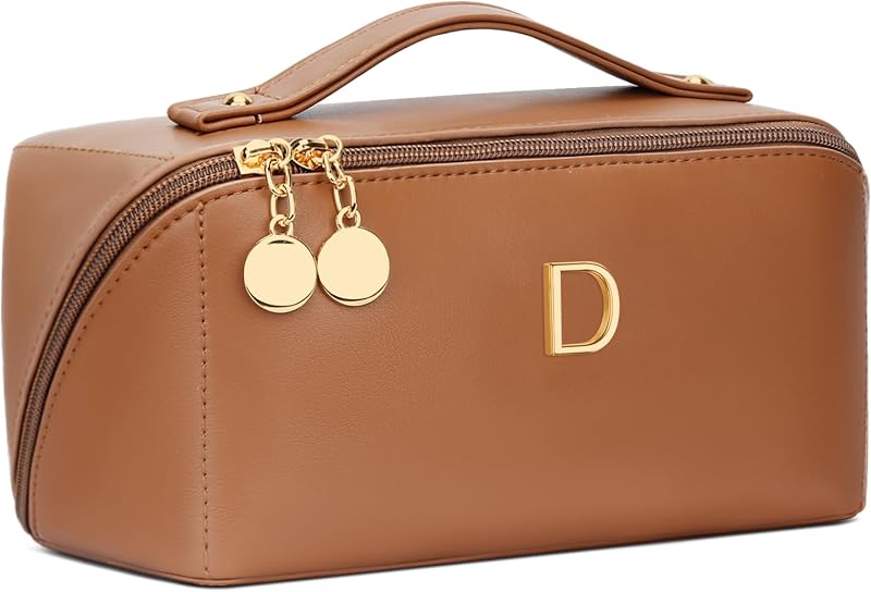 Necessaire de maquiagem CLOUDWINGS com inicial metálica, marrom médio, Pacote com 1