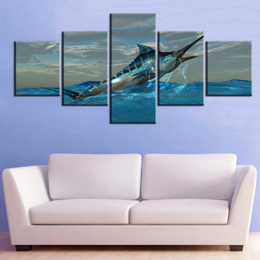 Fish Canvas Art Wall Decor Blue Marlin Fish Bursts from Ocean Waters Pictures for Living Room Tropical Animal Paintings 5 Panel Prints Artwork House Decoration Framed Ready to Hang Gift(50''W x 24''H)