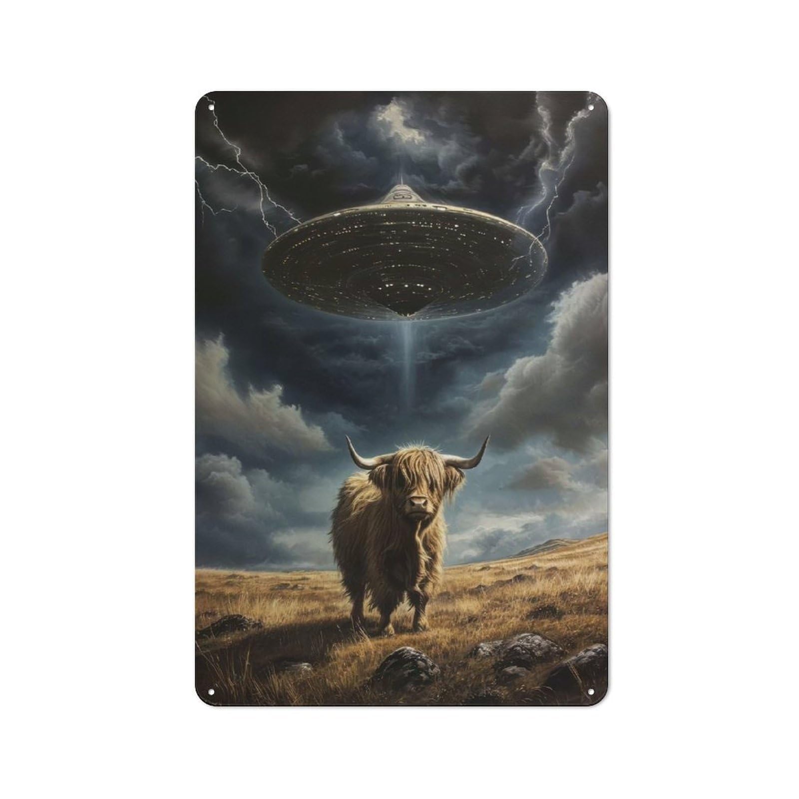 Junmoney Style-12 Character Decorative Tin Plaque 30X20cm Featuring Highland Cow Ufo Abduction, Home Wall Decor For Flat, Dorm Room, Lounge Or Cafe