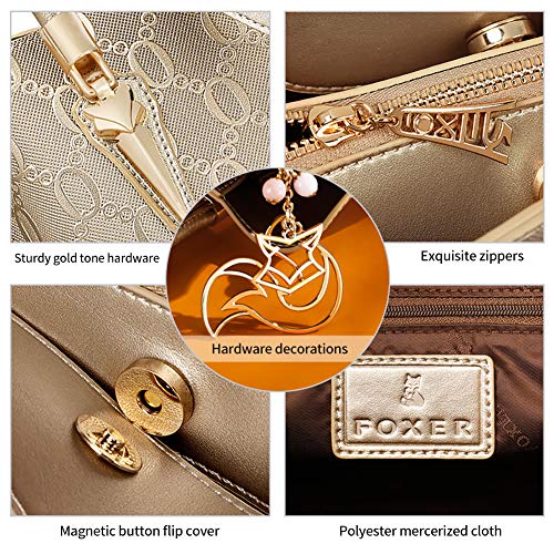 Foxer Leather Handbags For Women, Cow Leather Lock Chain Pattern Ladies Women's Designer Tote Bag With Adjustable Shoulder Strap Top Handle Bag Womens Real Leather Crossbody Purses And Handbags (Gold) #TOP3
