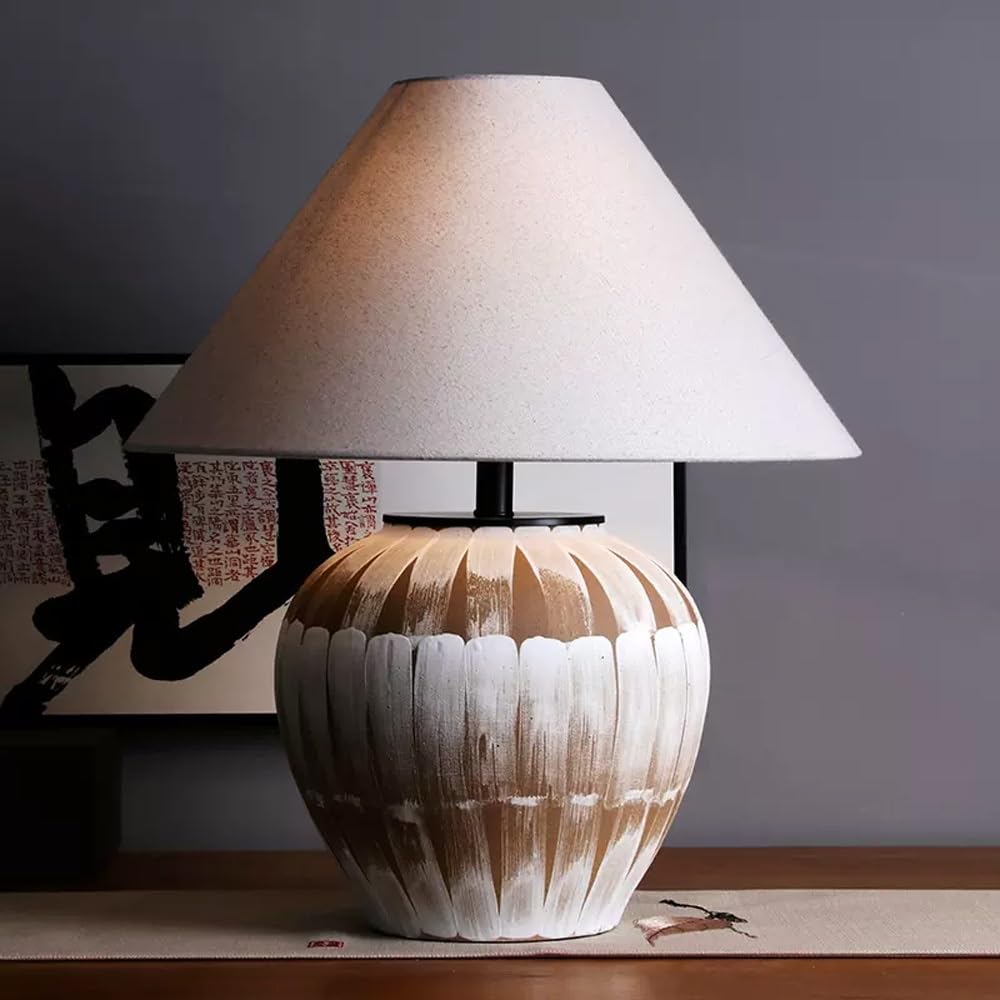 Rustykalna wiejska biała brązowa ceramiczna lampa stołowa, E27 Elegancka minimalistyczna lampa biurkowa do sypialni, salonu, domowego biura(Dimming Switch,S)