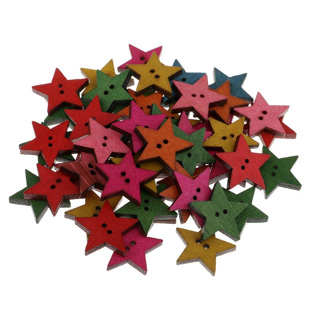 50Pcs Mixed Star Shapes Wood Buttons 2 Holes Wooden for