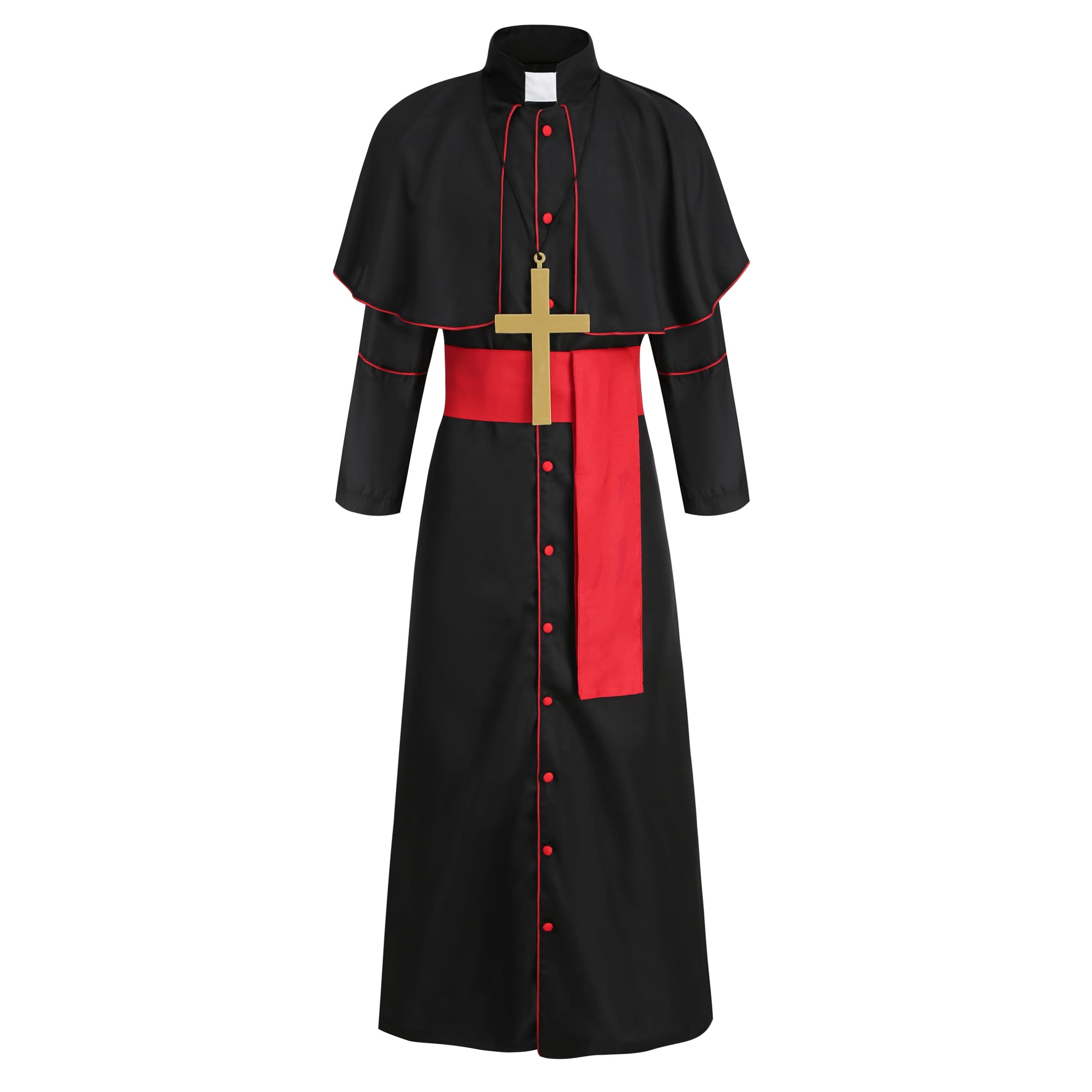 DELIVESS Men's Priest Costume Clergy Robe with Sash & Cross for Halloween Cosplay (Red Sash,XXL)