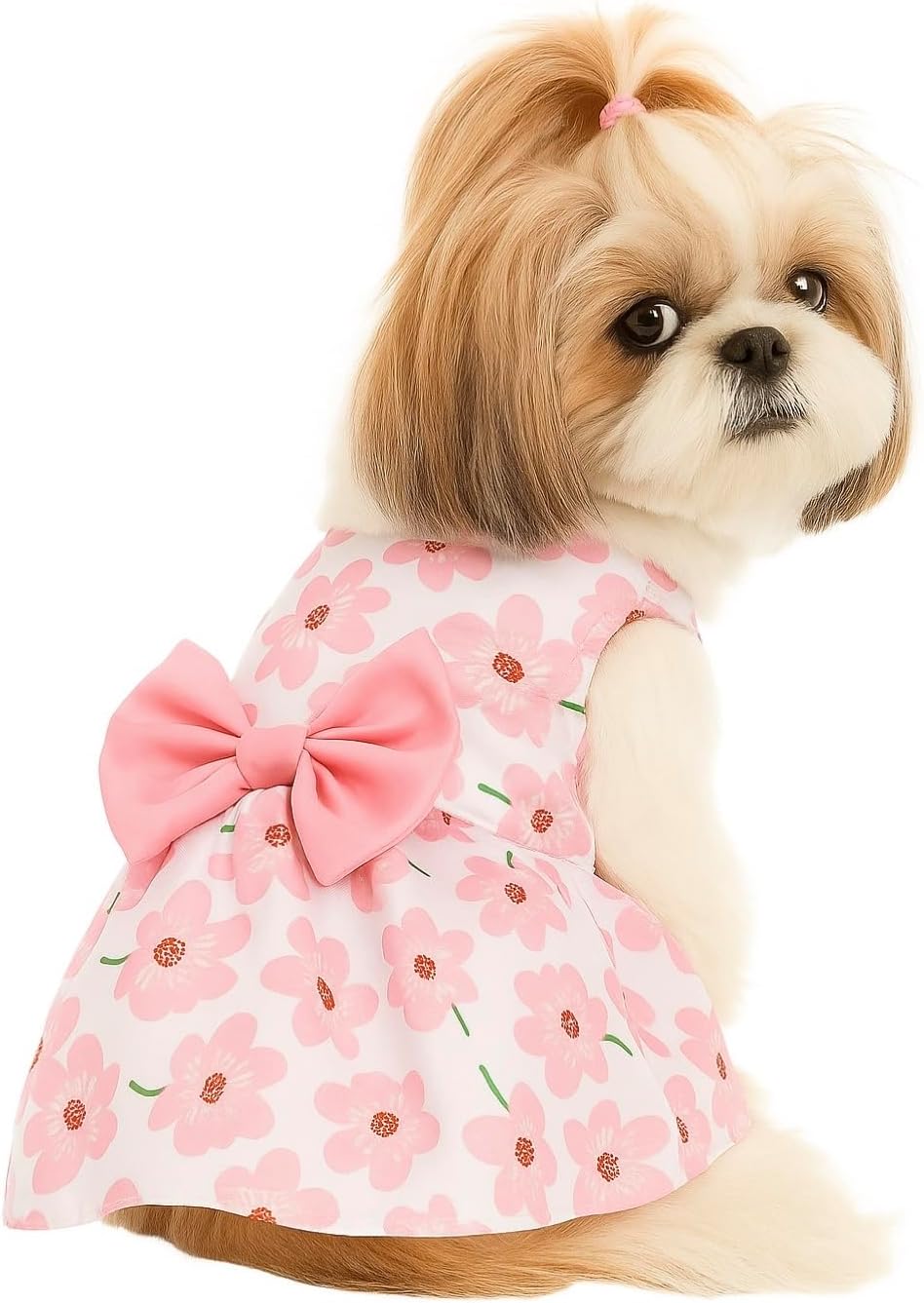 KUTKUT Floral Pattern Dog Dress with Lovely Bow Pet Apparel Dog Clothes for Small Breed Dogs and Cats | Puppy Summer Dress | Dogs and Cats Birthday Pet Apparel Dresses (Size:L, Bust:42cm, Length:32cm)