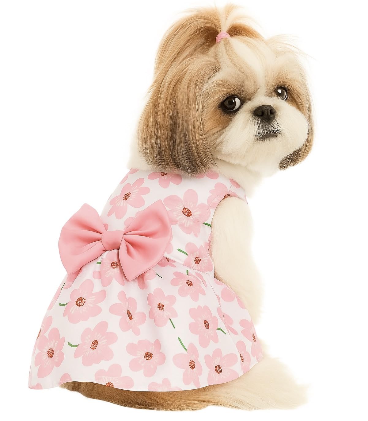 KUTKUT Floral Pattern Dog Dress with Lovely Bow Pet Apparel Dog Clothes for Small Breed Dogs & Cats | Puppy Summer Dress Birthday Pet Apparel Dresses (Size:XL, Bust:48cm, Length 38cm)