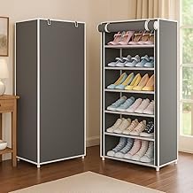 BONTEC Shoe Rack for Home Non Woven Fabric - DIY MultiPurpose Shoe Rack Organizer, 6-Layer Shoe Rack for Home -Shelf with Dustproof Door Entryway for Heels/Slippers/Boots (Grey) (Grey, 6 TIER)
