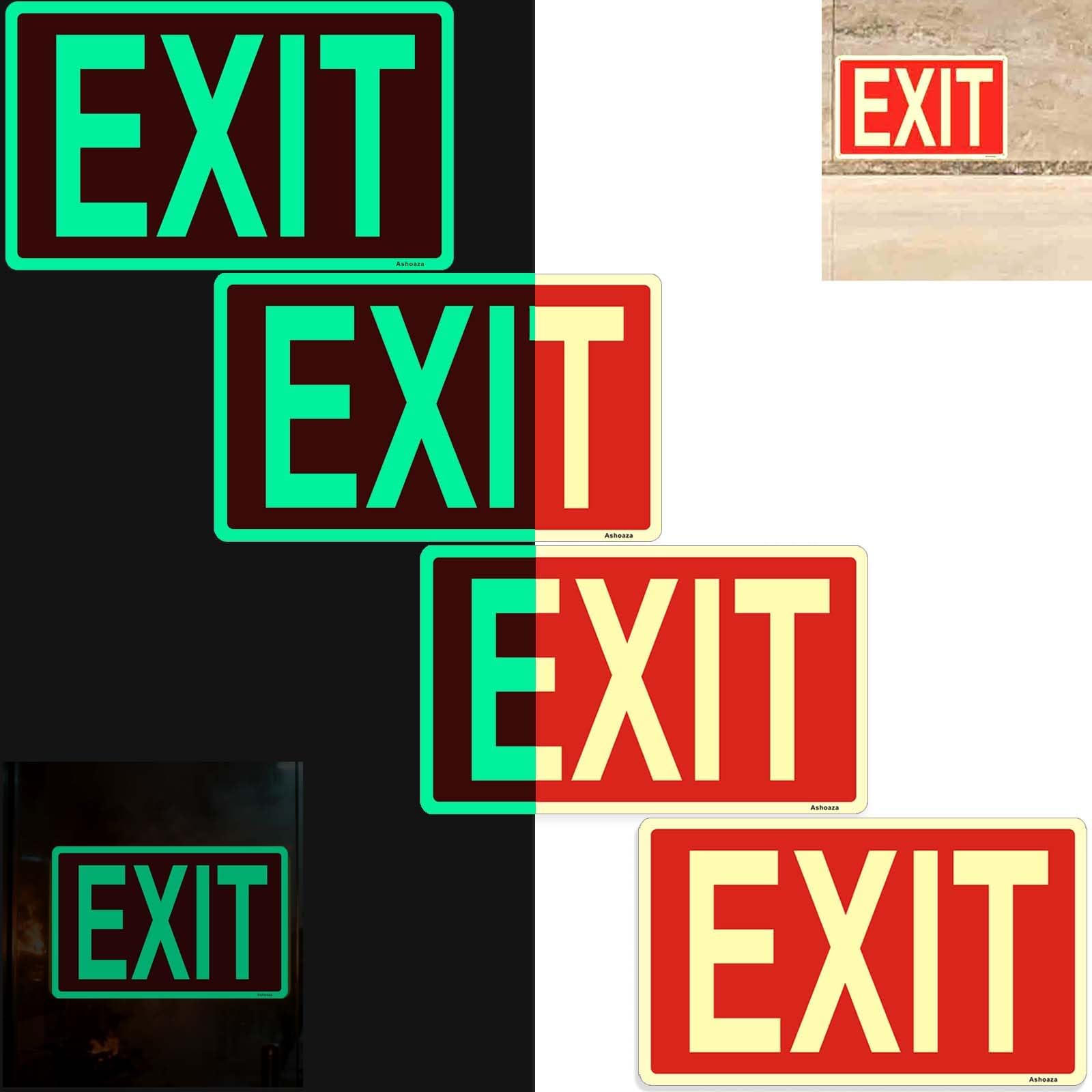 Glow in the Dark Exit Sign Stickers - 4 Pcs, 12x7 In - Ideal Illuminated Emergency Exit Signs for Business or Office - Apply to Door, Wall, Window - Photoluminescent and UV Protected