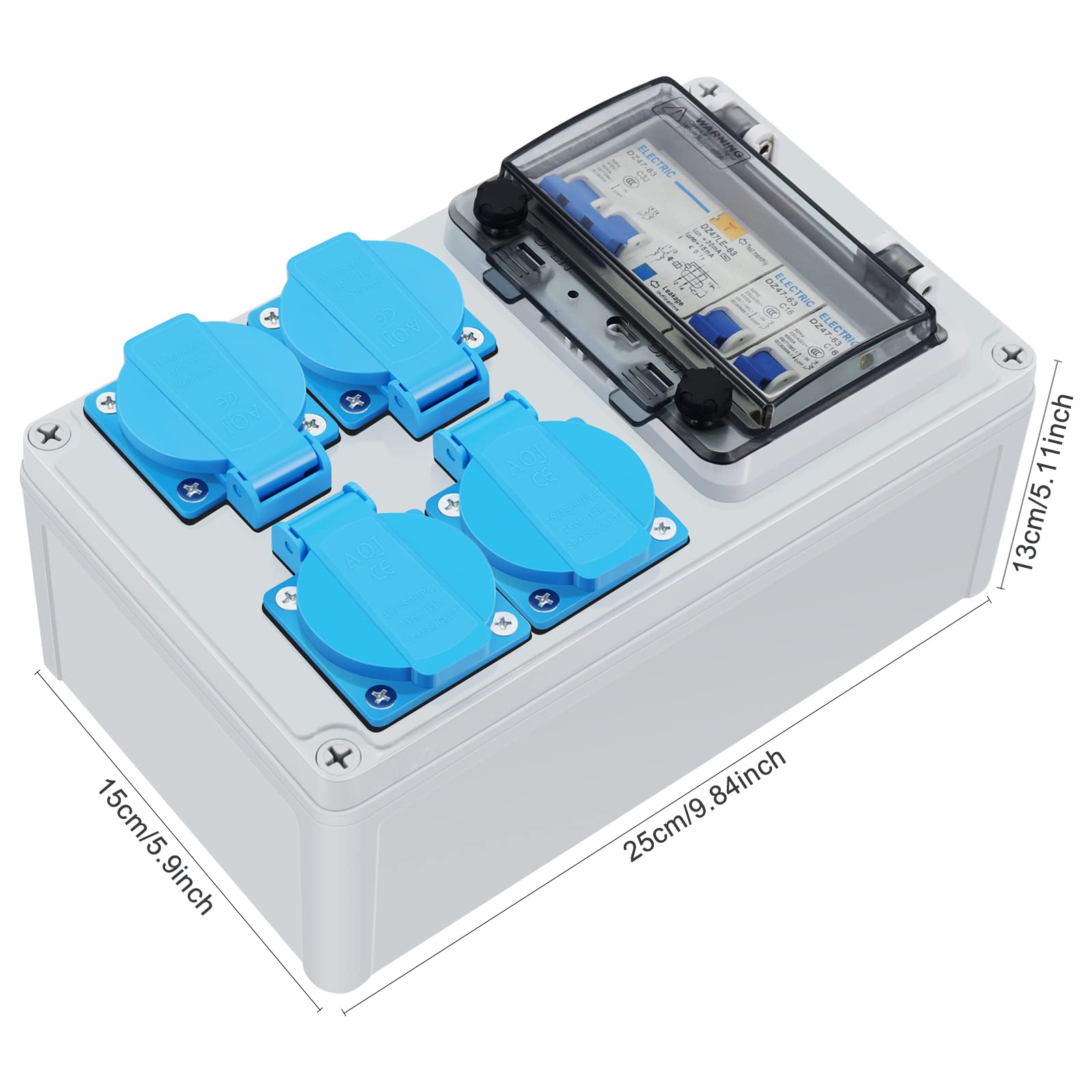 HITRENDS Distributore di corrente da parete, precablato, 4 prese Schuko da 230 V, 1 interruttore FI 32 A + 2 interruttori LS 16 A, IP67, impermeabile per interni ed esterni