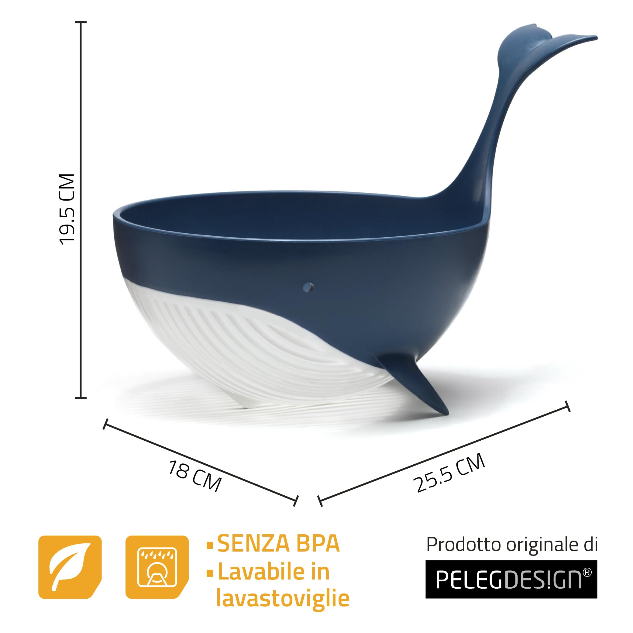 Peleg Design Pastail - Scolapasta medio in plastica a forma di balena, per scolare pasta (fino a 3 porzioni), verdure e frutta