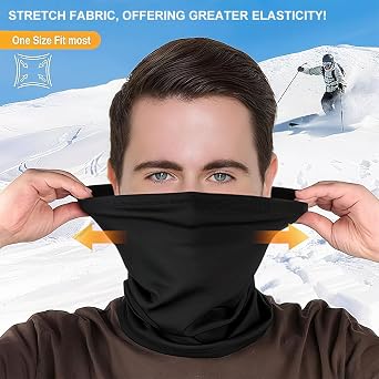 Neck Warmer Windproof Gaiter Mask, Bandana Face Covering Scarf for Men & Women Cold Weather, Multifunctional Elastic UV Resistence Winter Warmer Headwear, Gaiter Snood for Outdoor, Black, 25 x 33 cm