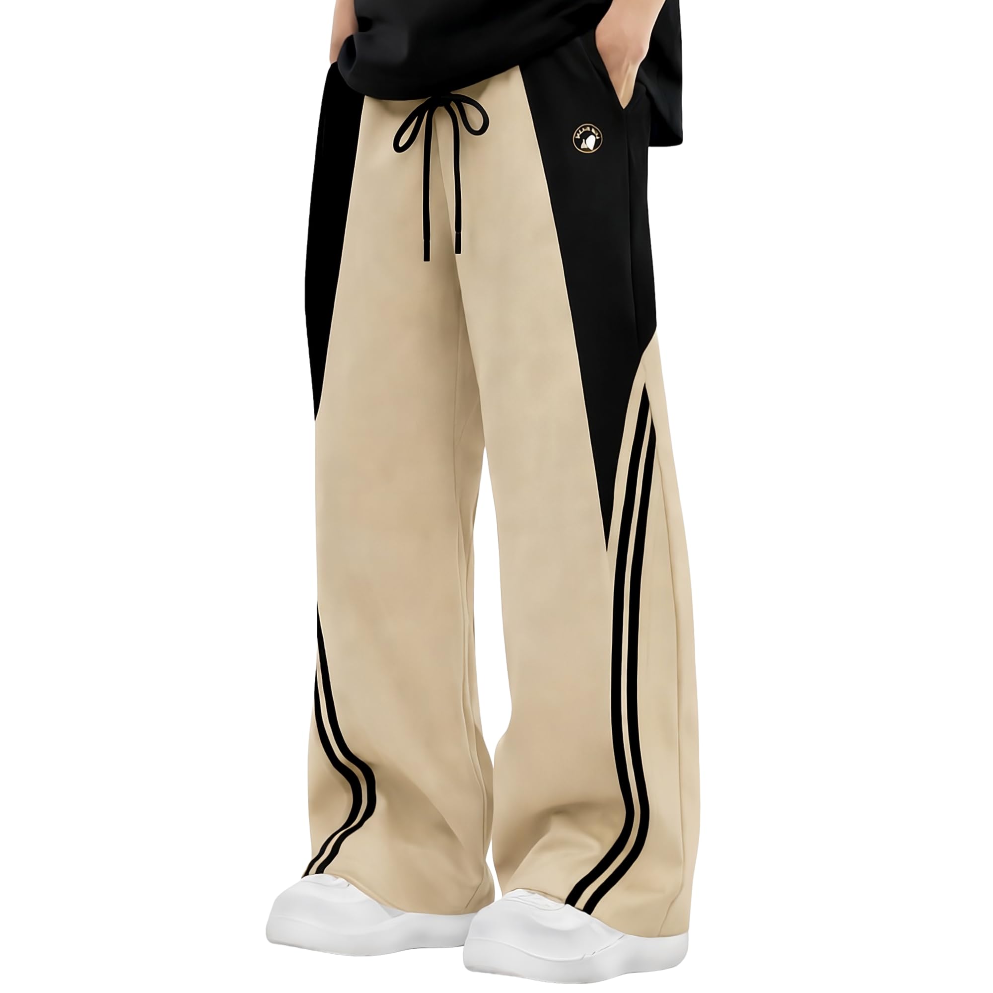 Men's Two-Tone Track Pants, Beige and Black Joggers with Contrast Stripes, Poly Twill Stretch Fabric, Elastic Waist, Side Pockets, Straight Loose Fit Lowers-picture-39