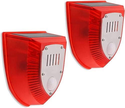 Paquete de 2 luces solares de seguridad, impermeables, PIR 6 LED, sensor de movimiento, luz intermitente, sonidos de disparo de 129 dB y advertencia