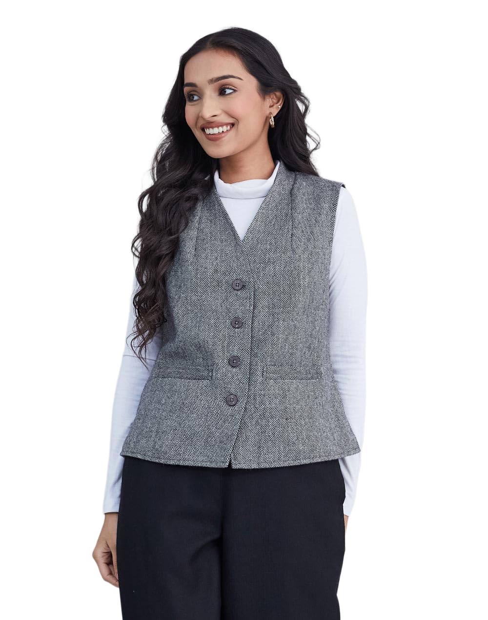 fabindia Women Wool Grey Solid V-Neck Sleeveless Relax Regular Fit Jacket-picture-18