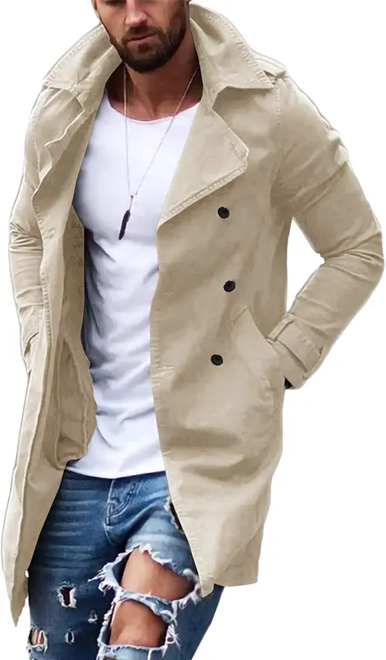 Gafeng Mens Double Breasted Trench Coat Notched Lapel Casual Slim Fit Long Windbreaker Overcoat