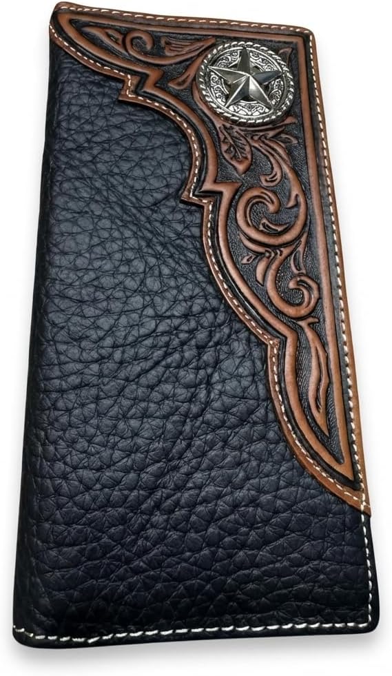 Men’s Long Leather Wallet – Tooled Inlay with Lone Star Concho – Western Bifold Checkbook Wallet for Texans, Cowboys & Ranch Lifestyle Gifts