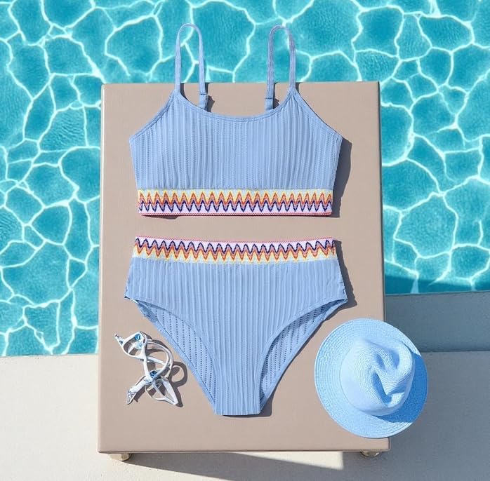 Image of Girls Swimsuit Two Piece Teen Bathing Suit High Waist Textured Bikini Set Woven Girls Swimwear 9-16Y