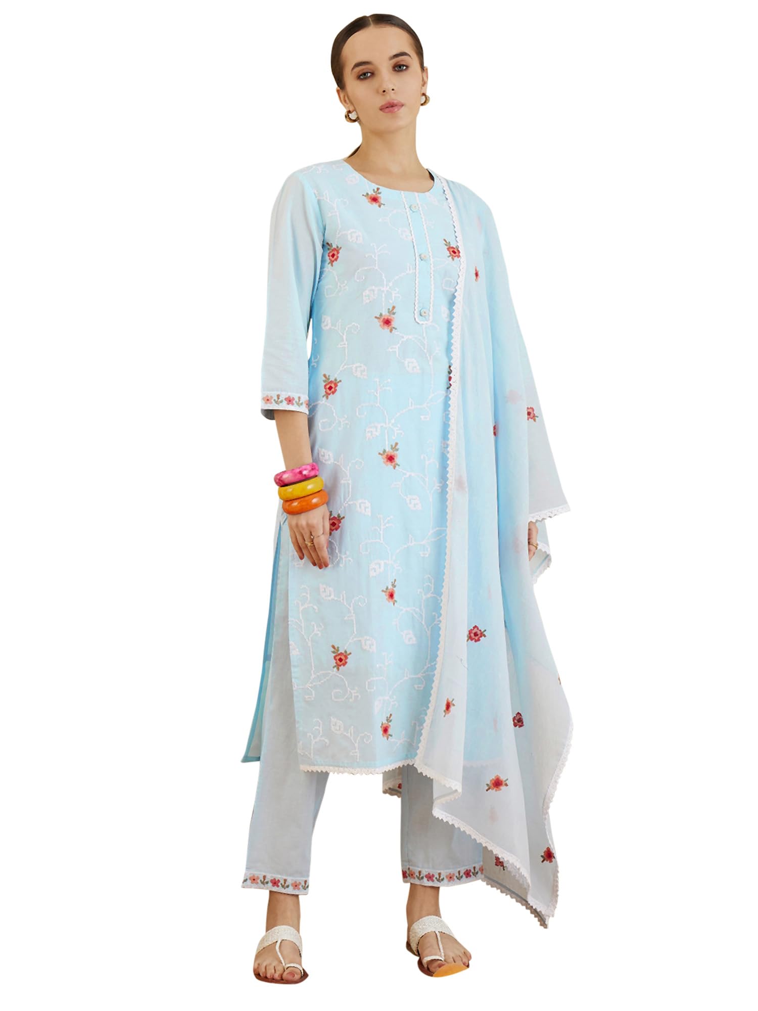 indo era Women's Embroidered Pure Cotton Calf Length Straight Kurta & Pant With Dupatta Set (SHTUR7967)-picture-18