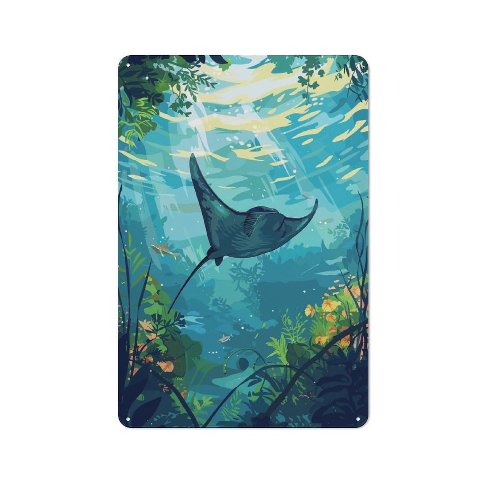 Classic Underwater Manta Ray Metal Wall Plaque 30x20cm, Nostalgic Wall Art for Living Room, Hallway, Kitchen Or Cafe