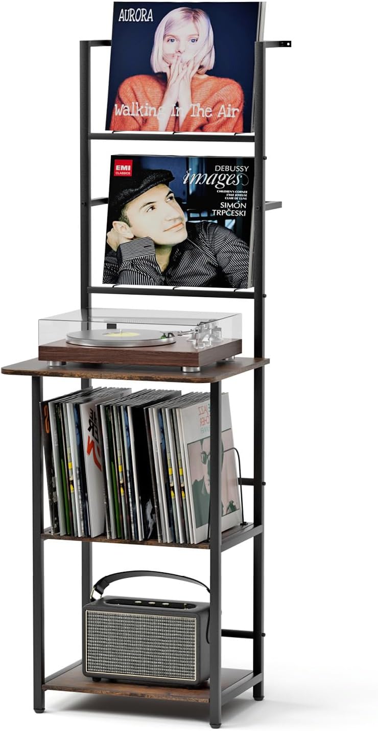 Record Player Stand, Turntable Stand with Large Desktop & Shelves, Vinyl Record Player Table with Storage Up to 200 Albums, Large Vintage Record Player Cabinet Organizer Rack, Black