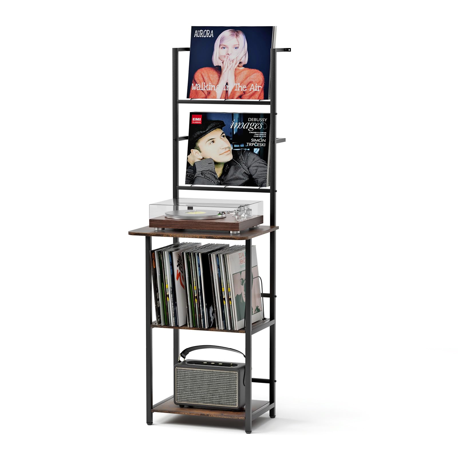 Mobile Giradischi e Porta Vinili a 5 Livelli, Porta Dischi Vinile, Vinili da Parete a 2 Livelli, Mobile per Giradischi e Vinili Archiviazione fino a 200 Albums, Cds