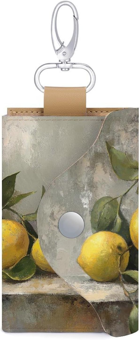 still Life of Lemons Rustic Key Holder Bag PU Leather ID Card Holder Keychains Case Cover for Men Women