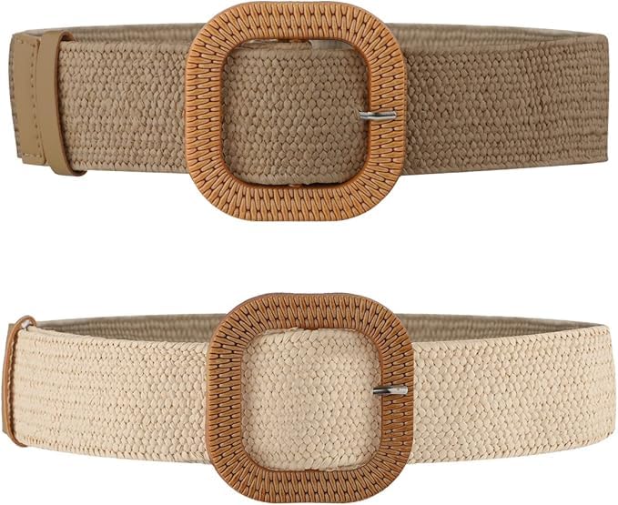 2pcs Straw Woven Elastic Stretch Belts Women，Wide Braided Rattan Waist Belts for Dresses Summer Beach Raffia Dress Belts with Wooden Buckle for Ladies Women Dresses