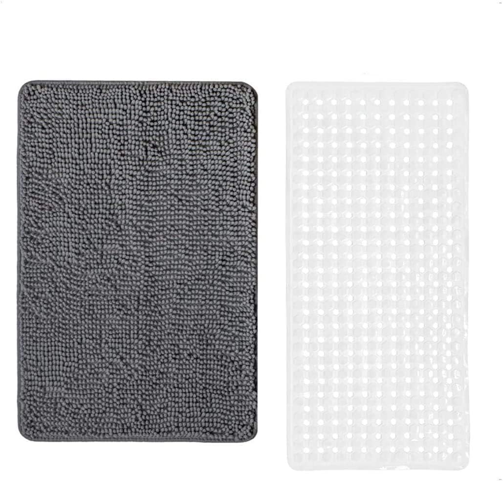 GORILLA GRIP Chenille Bath Rug and Bath Tub Mat, Bath Rug Size 24x17 in Gray Color, Bath Mat Size 35x16 in Clear Color, Both Machine Washable, 2 Item Bundle