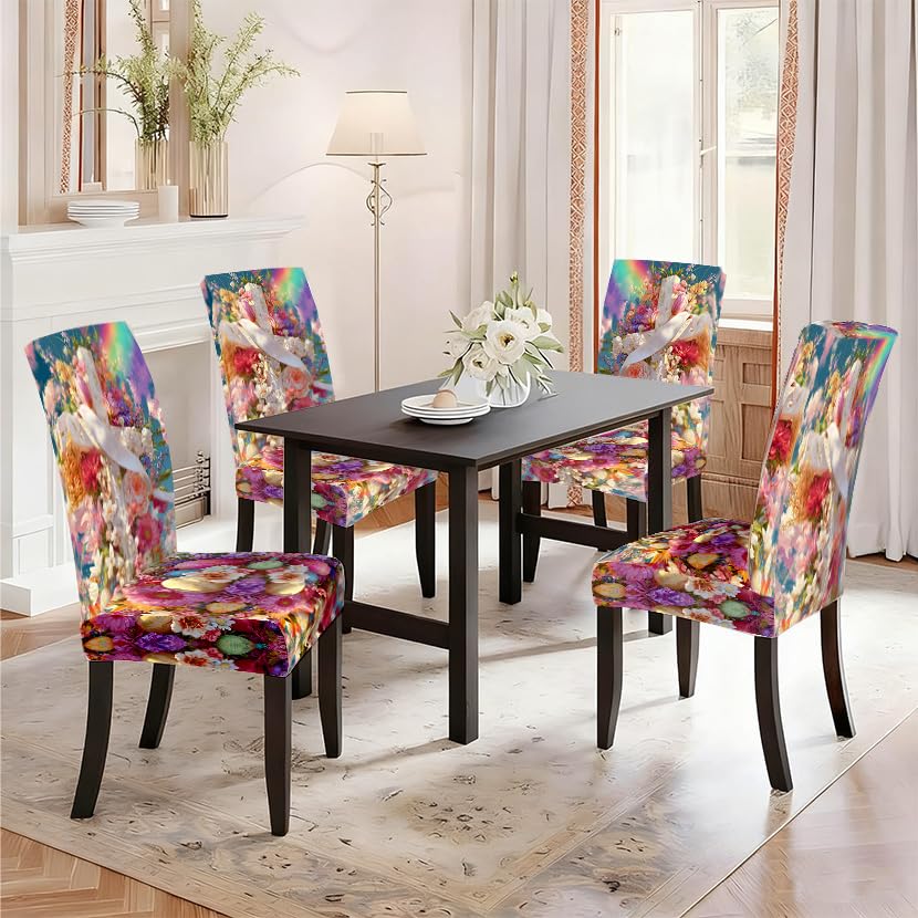 Image of Colorful Floral Rainbow Dining Chair Covers Set of 4 Slipcover