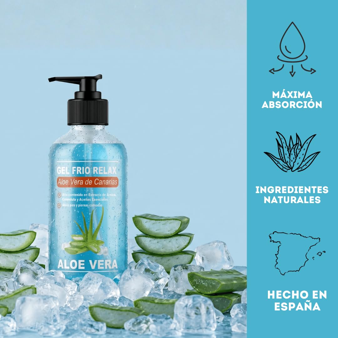 QKnatur - GEL FRIO ALOE VERA DE CANARIAS BIO - Con extracto de Arnica y Calendula. Efecto refrescante y calmante, alivia las piernas cansadas, estimula la circulación (500 ml)