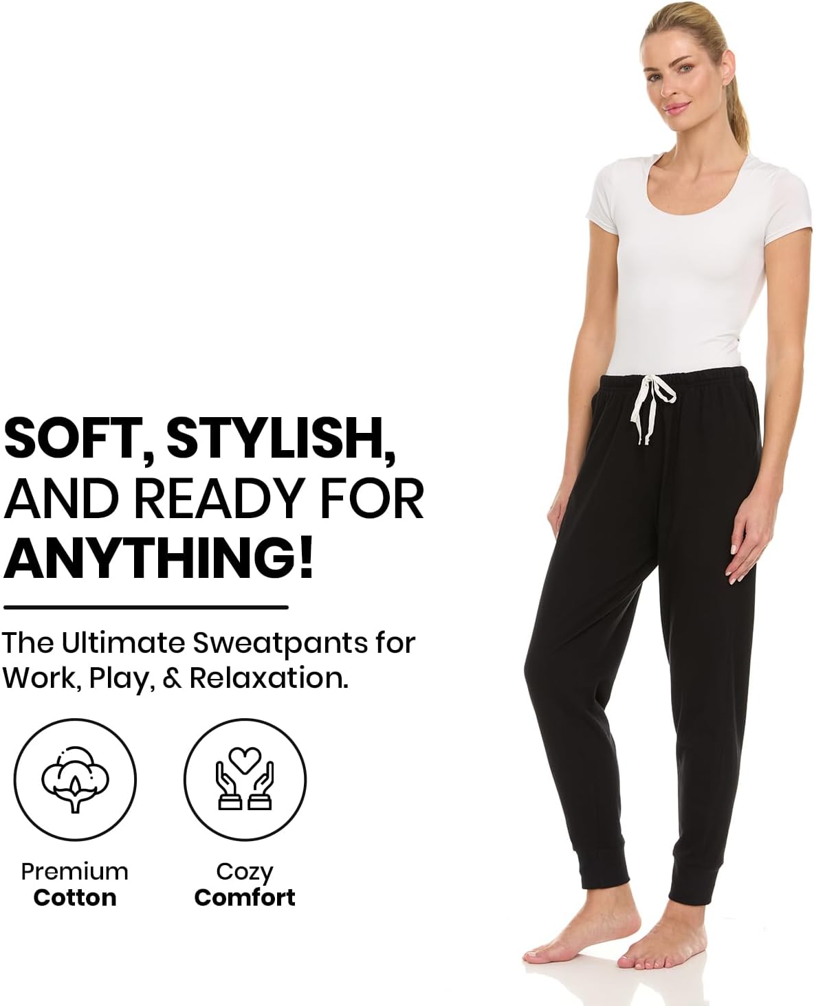 3 Pack: Womens Cotton Joggers - 100% Cotton Lounge Athletic Casual Sleep Casual Pajama PJ Pants Sweatpants - Image 3