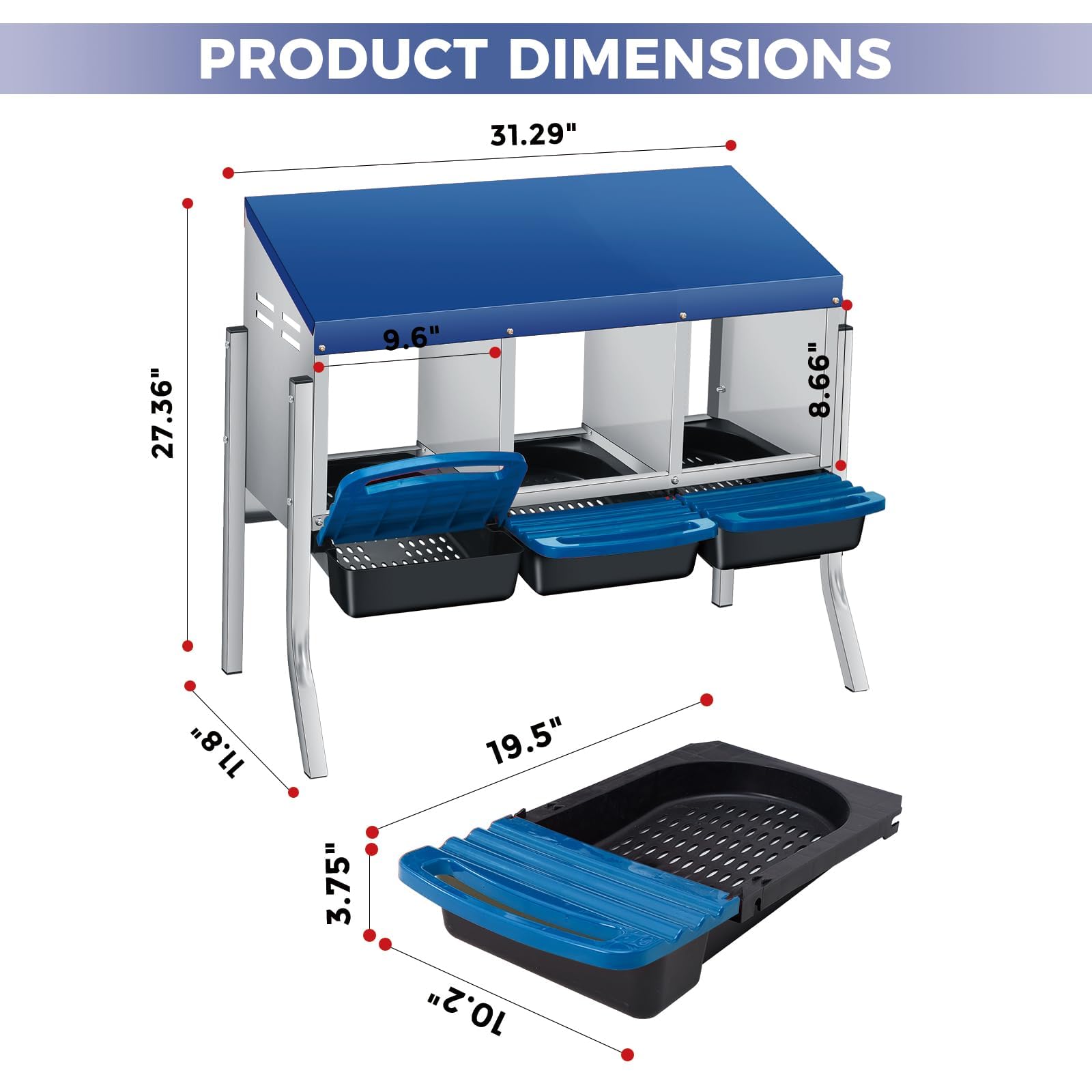 Pondoir pour poules avec pieds 3 compartiments - En métal solide - Avec compartiment à œufs - Nid de poules pour grandes poules - Bleu