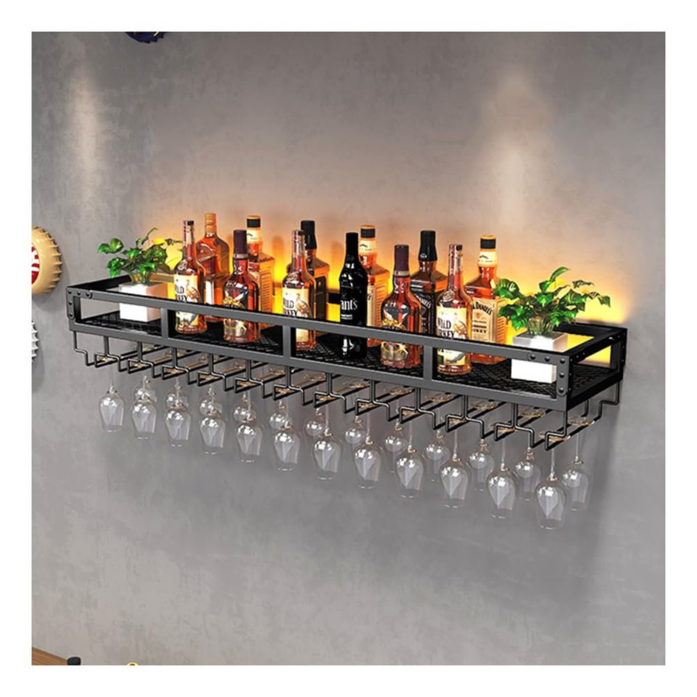 Casier à vin mural avec LED et porte-verre suspendu en métal noir