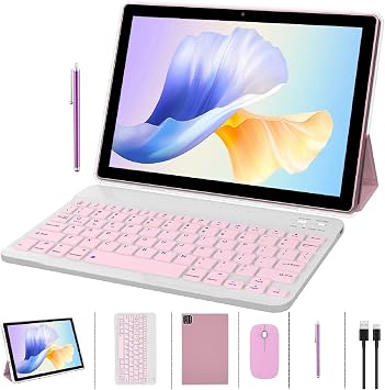 ZZB 2 in 1 Tablet with Keyboard Case Mouse Stylus Pen, 10 inch Tablet Android 15.0 Tablets PC Set, 8GB RAM+64GB ROM Tableta Computer 10.1 IPS Screen 2MP+8MP Dual Camera WiFi BT Tab Pink/Girls