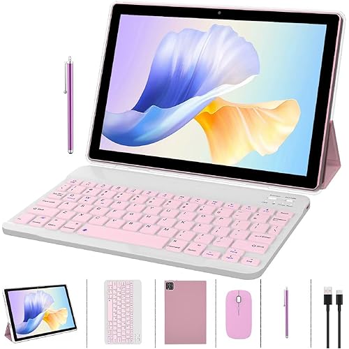 ZZB 2 in 1 Tablet with Keyboard Case Mouse Stylus Pen, 10 inch Tablet Android 15.0 Tablets PC Set, 8GB RAM+64GB ROM Tableta Computer 10.1" IPS Screen 2MP+8MP Dual Camera WiFi BT Tab Pink/Girls