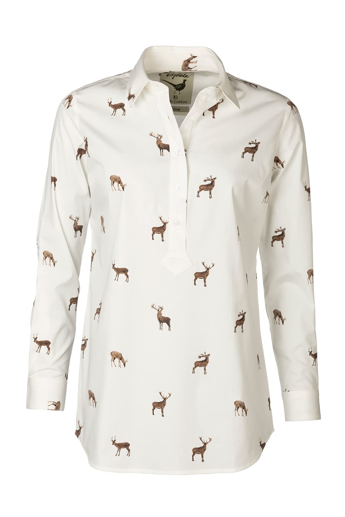 Rydale Ladies Printed Overhead Shirt Women’s Button Shirts Blouse Animal Print White Tops Tunic (as8, Numeric, Numeric_16, Regular, Regular, Deer)