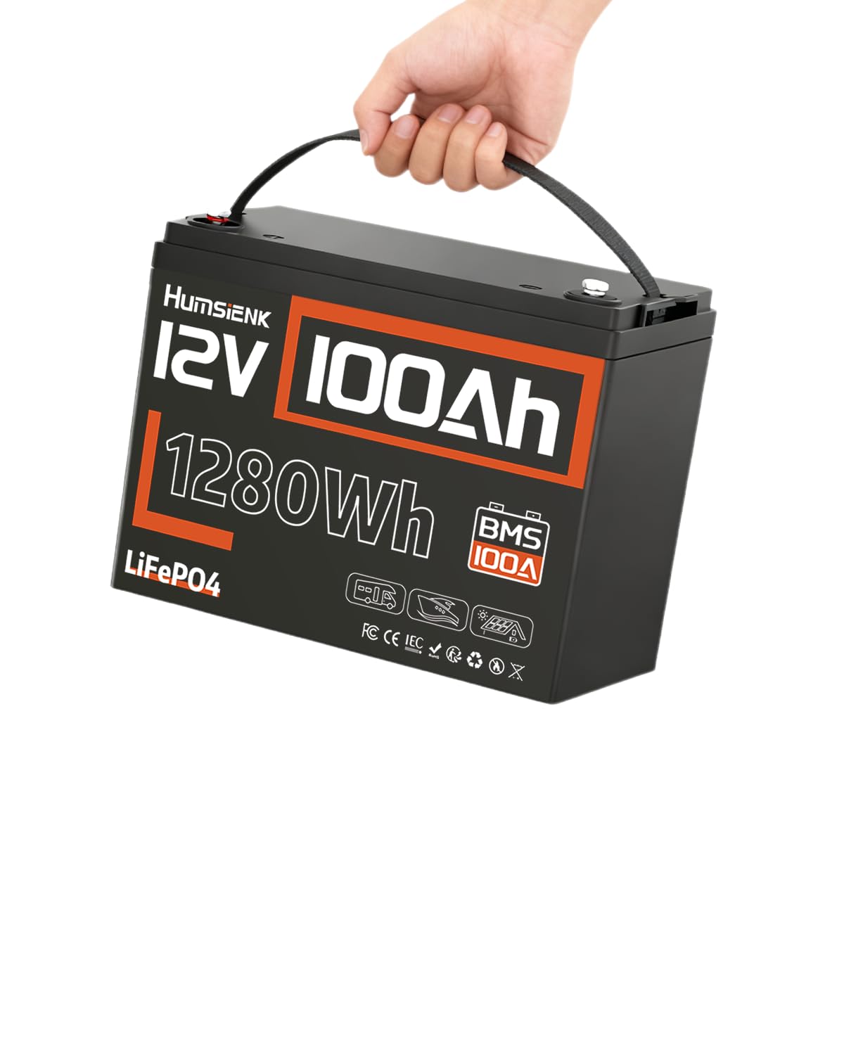 HumsiENK Lithium Battery 12V 100Ah LiFePO4, Built-in 100A BMS, 15000 Deep Cycles Solar Battery with Low-Temp Protection for RV Marine Trolling Motor Home Energy Storage Off-Grid Living BCI Group 24