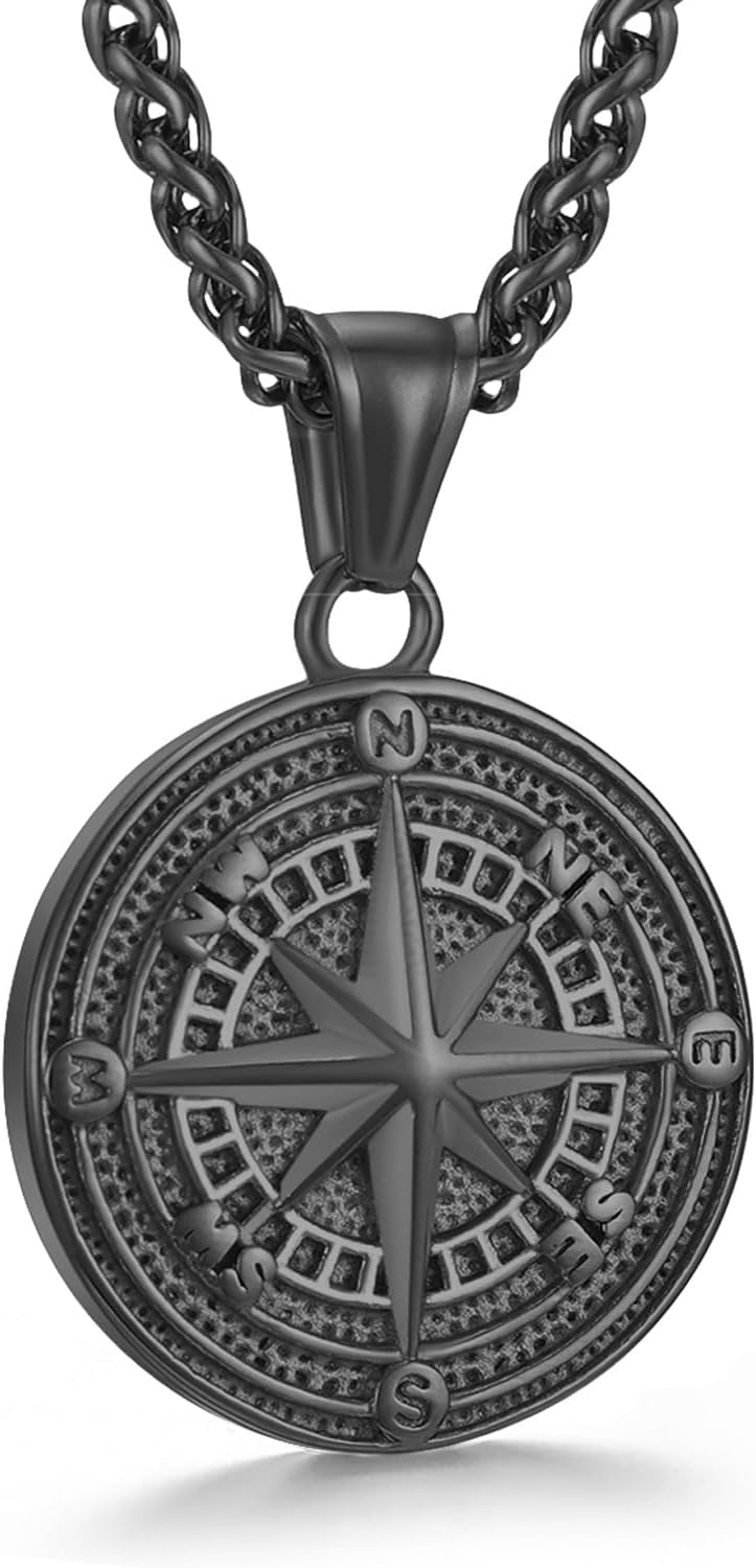 Men's Compass Pendant Necklace, Stainless Steel Compass Circle Vintage Coin Necklace Navigator Forged for Male Talisman Travel Jewelry, Inspirational Graduation Gifts Jewelry Gifts for Friends (Gifts Box)