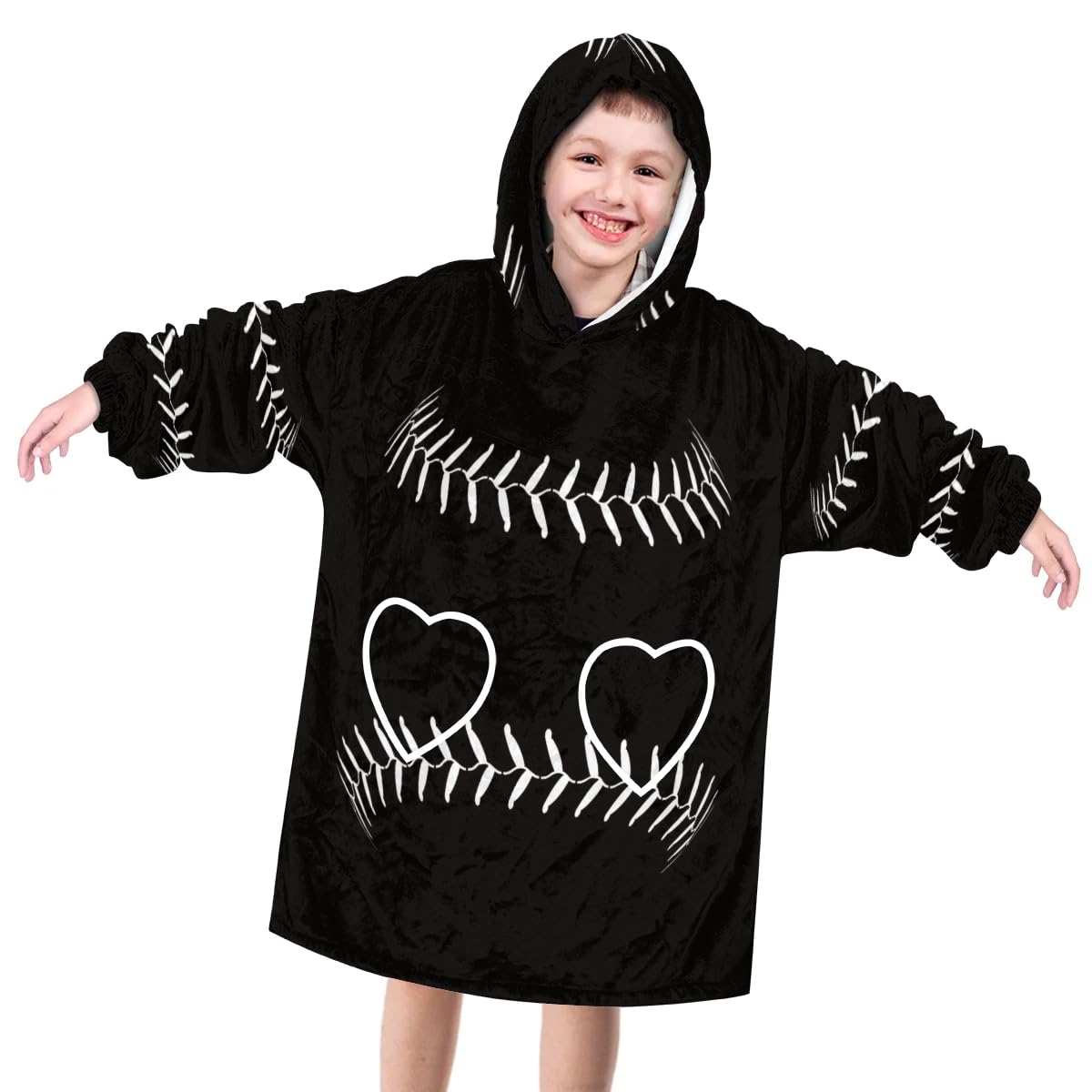 Wearable Blanket Hoodie for Kids, Black Baseball Laces Fleece Sweatshirt Blanket Oversized Blanket Sweatshirt with Pocket Flannel Warm Hooded Blanket 6-10 Year Old Girl Boy Gift, One Size