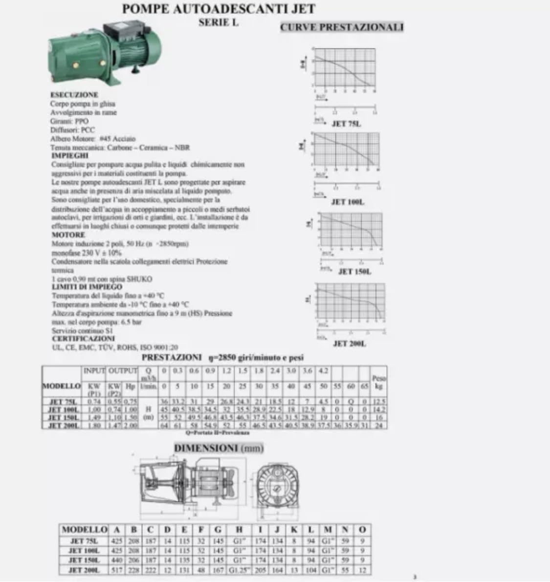 Pompa Autoclave JSWM2AX 1,5 kW Monofase 220V, Prevalenza 28-58 m, Portata 1-58 L/min, Autoadescante per Acqua Pulita, Uso Domestico, Irrigazione Giardini e Serbatoi
