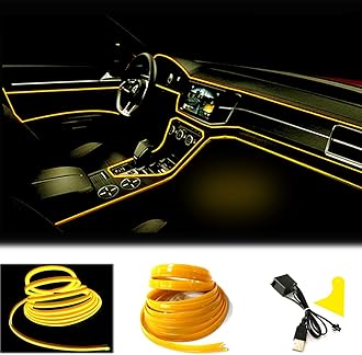 Maxlaxer El Wire Yellow Interior Car LED Strip Lights, 5M Neon Wire USB 5V with Fuse Protection for Automotive Interior Decoration, with 6mm Sewing Edge