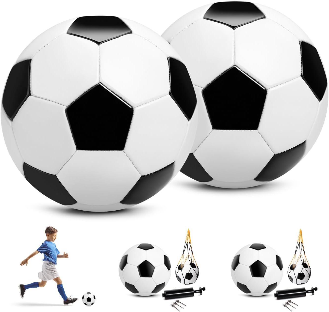 U&C Soccer Ball Size 5 Size 4 Size 3 Size 2 with Pump Deflated - 1 or 2 Pack Standard Indoor Outdoor Training Ball - Gift for Adult Youth Teens Toddlers Kids 1-3 5-8 8-12 13+ Years Old Boys Girls