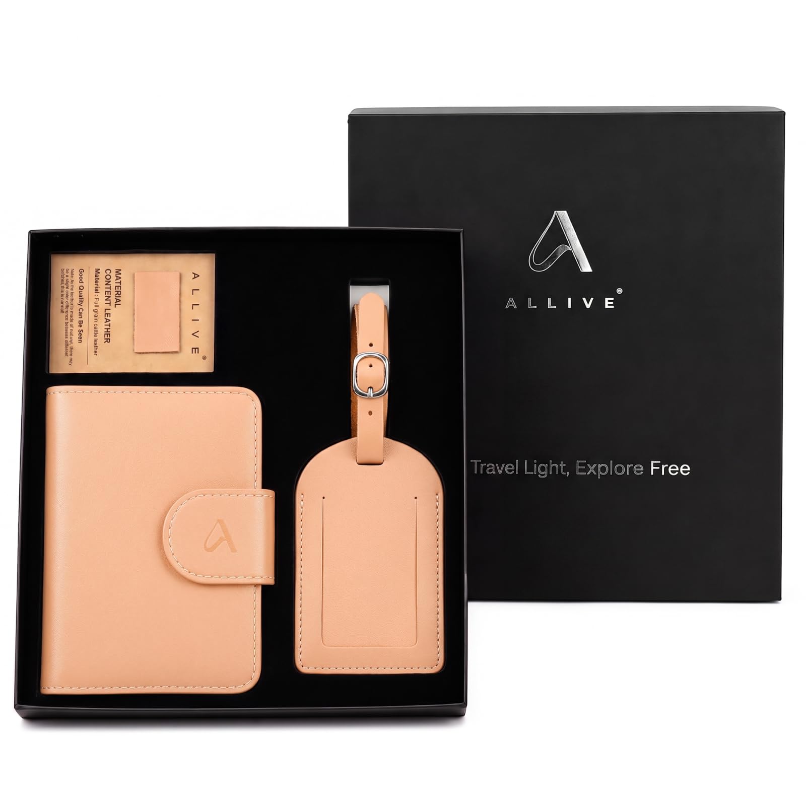 ALLIVE Rfid Passport Holder for Travel Women, Rfid Passport Cover Wallet, Genuine Leather Passport Holder for Travel with AirTag Hidden, Gift Set with Luggage Tag in Premium Gift Box (Beige)