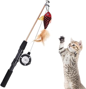 Cat Toy Fishing Pole Cat Toys Wand with Retractable and Replaceable Interactive Toy Fishing Pole for Indoor Cats Red Fish
