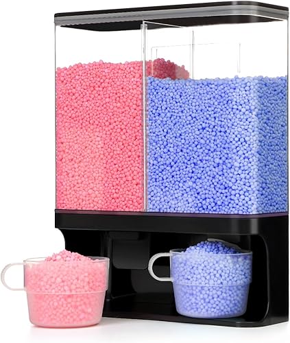 Dispensador de perlas de aroma, dispensador de detergente de lavandería montado en la pared con 2 tazas para arroz, frijoles, cuentas de lavandería,