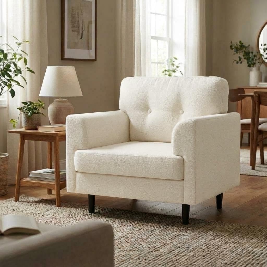 Garvee 38″ Wide Armrest Accent Chair, Linen Upholstered Reading & Lounge Chair for Living Room, Bedroom, Office & Reading Nook, High-Density Foam, Comfortable Single Sofa Chair（Beige）
