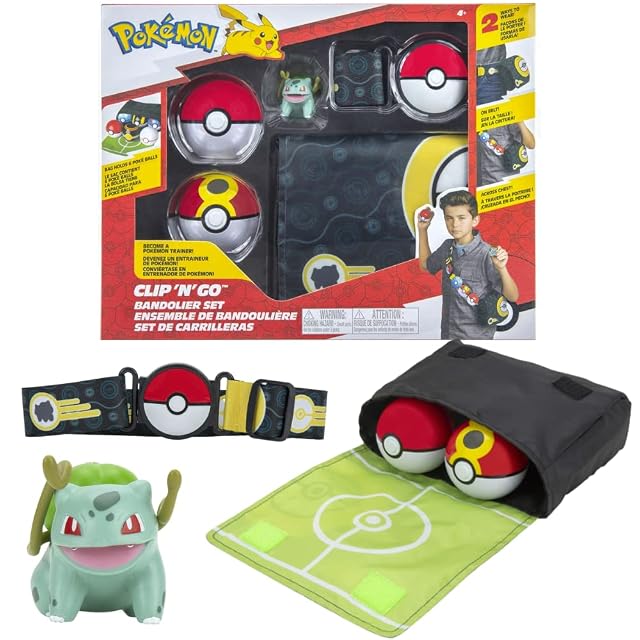 Pokémon Cinturon Set Bandolier Bulbasaur & Bolas Incluye 1x 5 cm Figura, 1x Bolsa, 1x Cinturón & 2 x Pokeballs