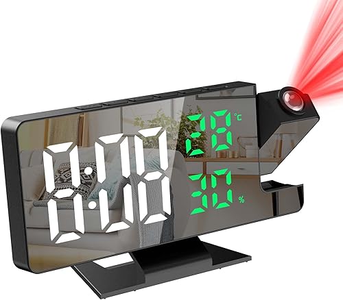 Miniatura 1 de KeeKit Reloj despertador de proyección digital, reloj despertador LED espejo grande con proyector de 180 en la pared del techo, reloj de escritorio
