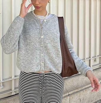Women Button Down Cardigan Long Sleeve Crewneck Sweater Vintage Lightweight Knit Jacket Fall Going Out Top
