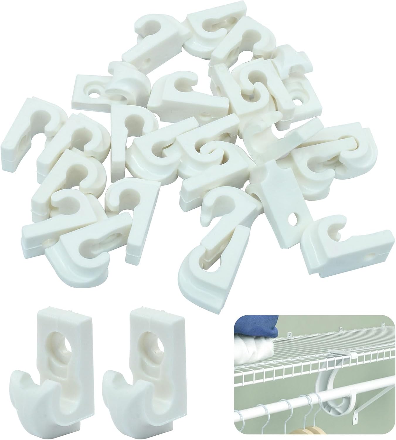 50 Pack White Down Wall Clips, Wire Shelf Loop Clips for Wire Shelving, Plastic Closet Shelves